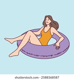 A Caucasian woman with long brown hair relaxes on a purple inflatable ring while floating in water. She wears a yellow swimsuit, enjoying her time at the beach, river, or pool. Flat vector