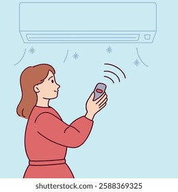 A Caucasian woman with long hair in a red dress stands under an air conditioner, using a remote to adjust the temperature. She enjoys the cool air on a hot day. Flat vector illustration.