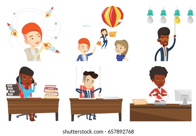 Caucasian woman looking at flying business rockets. Woman came up with an idea for a business startup. Business startup concept. Set of vector flat design illustrations isolated on white background.