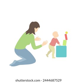 Caucasian woman looks after a child climbing a mountain of toys. simple vector style in realistic silhouette without face. white nanny or mom spends time with baby