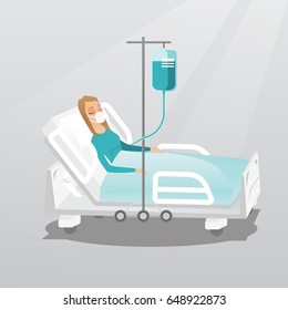 Caucasian woman lying in hospital bed with an oxygen mask. Woman during medical procedure with a drop counter. Patient recovering in bed in a hospital. Vector flat design illustration. Square layout.