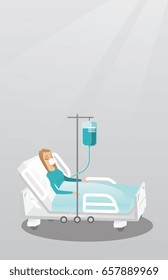 Caucasian woman lying in hospital bed with an oxygen mask. Woman during medical procedure with a drop counter. Patient recovering in bed in a hospital. Vector flat design illustration. Vertical layout