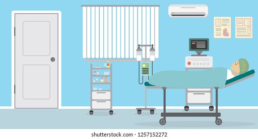 Caucasian woman lying in hospital ward,Medical furniture and equipment,vector flat design illustration
