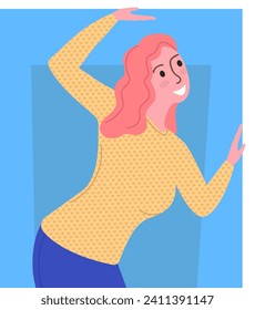 Mujer caucásica con cabello rosa bailando alegremente. Mujer vestida de forma casual disfrutando. Movimientos de danza divertida e ilustración vectorial del concepto de felicidad.