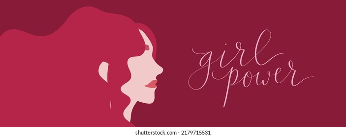 caucasian woman with pink hair. Girl power handwritten lettering vector