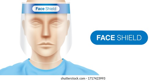 Caucasian woman with a plastic face shield, standing on a white background. Closeup shot of a female person, with a virus protection mask on his face. Corona virus protection, vector illustration.