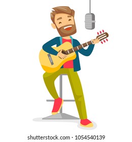 Caucasian woman playing guitar. Guitar player singing song and playing an acoustic guitar. Singer singing into a microphone and playing acoustic guitar. Vector cartoon illustration. Square layout.