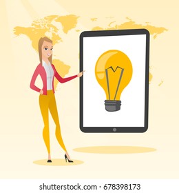 Caucasian woman pointing at a big tablet computer with a light bulb on screen. Young woman standing near tablet computer on the background of world map. Vector cartoon illustration. Square layout.