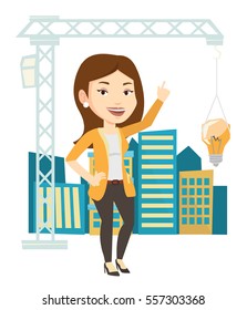 Caucasian woman pointing at idea light bulb hanging on crane. Architect having idea in town planning. Concept of new ideas in architecture. Vector flat design illustration isolated on white background