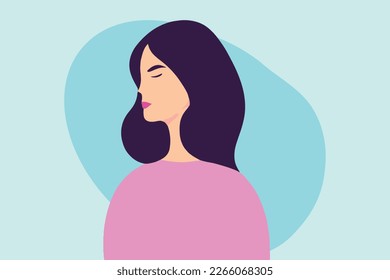 Caucasian woman portrait in profile, long hair, closed eyes, inspired, pensive, pastel colors, flat design, minimalist