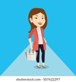 Caucasian woman posing on catwalk on fashion event. Smiling female model walking on catwalk during fashion week. Woman on catwalk during fashion show. Vector flat design illustration. Square layout.