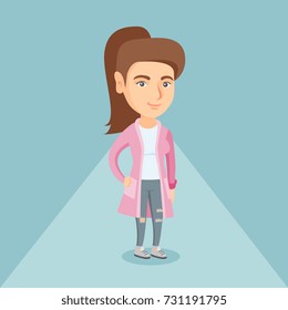 Caucasian woman posing on the catwalk on fashion event. Model walking on the catwalk during fashion week. Woman standing on the catwalk during fashion show. Vector cartoon illustration. Square layout.