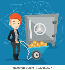 Caucasian woman pushing wheelbarrow full of bitcoin coins on the background of a big safe symbolizing bitcoin cold wallet. Cryptocurrency cold wallet and security concept. Vector cartoon illustration.