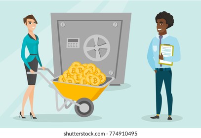 Caucasian woman pushing wheelbarrow full of bitcoin coins on the background of a big safe symbolizing bitcoin cold wallet. Cryptocurrency cold wallet and security concept. Vector cartoon illustration.