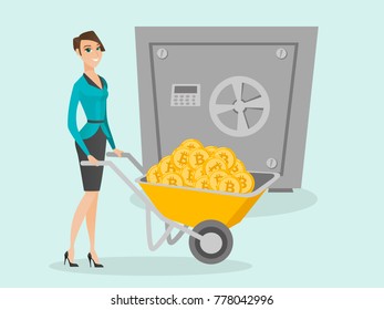 Caucasian woman pushing wheelbarrow full of bitcoin coins on the background of a big safe symbolizing bitcoin cold wallet. Cryptocurrency cold wallet and security concept. Vector cartoon illustration.
