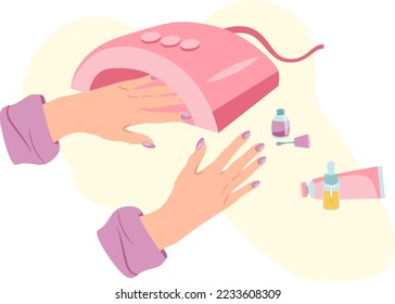 Caucasian woman puts her hand into UV lamp to dry her manicure in flat style