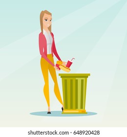 Caucasian woman putting junk food into a trash bin. Woman refusing to eat junk food. Young woman rejecting junk food. Woman throwing away junk food. Vector flat design illustration. Square layout.