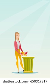 Caucasian woman putting junk food into a trash bin. Woman refusing to eat junk food. Woman rejecting junk food. Woman throwing junk food. Diet concept. Vector flat design illustration. Vertical layout