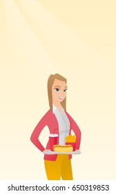 Caucasian woman putting junk food into a trash bin. Woman refusing to eat junk food. Young woman rejecting junk food. Woman throwing away junk food. Vector flat design illustration. Vertical layout.