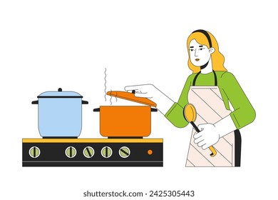 Kaukasische Frau, die Deckel auf Topf 2D lineare Cartoon-Figur setzt. Kochendes Wasser. Blonde weibliche isolierte Linie Vektor Person weiß Hintergrund. Kochen Abendessen in der Küche Farbe flache Stelle Illustration