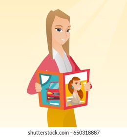 Caucasian woman reading a magazine. Young woman standing with a magazine in hands. Woman holding a magazine. Happy woman reading news in a magazine. Vector flat design illustration. Square layout.