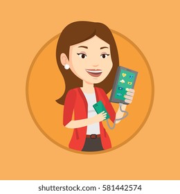 Caucasian woman recharging her smartphone with mobile phone portable battery. Woman holding a mobile phone and battery power bank. Vector flat design illustration in the circle isolated on background.