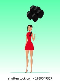 Caucasian woman in red dress hold black helium balloons. Vector illustration.