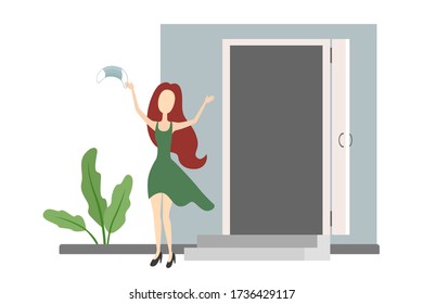 Caucasian woman rejoice and take off medical mask. Quarantine ending. Vector illustration.