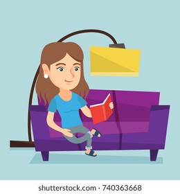 Caucasian woman relaxing with a book on the couch at home. Smiling woman reading a book on a sofa. Young woman sitting on a sofa and reading a book. Vector cartoon illustration. Square layout.