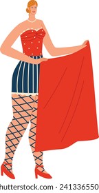 Caucasian woman in retro costume with polka dot top and striped skirt holding a red cape. Confident female, vintage fashion, standing pose vector illustration.