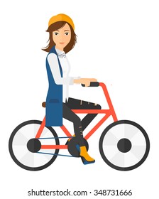 A caucasian woman riding a bicycle vector flat design illustration isolated on white background. Square layout.