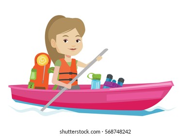 Caucasian woman riding in a kayak on the river with skull in hands and some tourist equipment behind her. Happy kayaker traveling by kayak. Vector flat design illustration isolated on white background