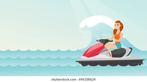 Caucasian woman riding on a water scooter in sea during summer vacation. Young woman sitting on a water scooter. Sport and leisure activity concept. Vector flat design illustration. Horizontal layout.