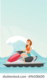 Kaukasische Frau, die während der Sommerferien auf einem Wassermotorrad im Meer reitet. Junge Frau, die auf einem Wasserroller sitzt. Konzept Sport und Freizeitaktivitäten. Vektorflache Design-Illustration. Vertikales Layout.