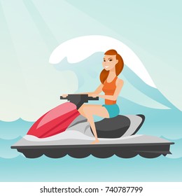 Caucasian woman riding on a water scooter in the sea during summer vacation. Young woman sitting on a water scooter. Sport and leisure activity concept. Vector flat design illustration. Square layout.