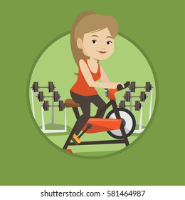 Caucasian woman riding stationary bicycle. Woman exercising on stationary training bicycle. Woman training on exercise bicycle. Vector flat design illustration in the circle isolated on background.