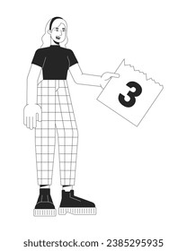 Caucasian woman with ripped out page calendar black and white 2D line cartoon character. European girl holding day 3 page isolated vector outline person. Period monochromatic flat spot illustration