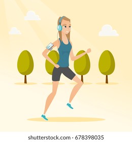 Caucasian woman running with earphones and armband for smartphone. Young woman using smartphone with armband to listen to music while running in the park. Vector cartoon illustration. Square layout.