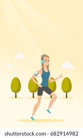 Caucasian woman running with earphones and armband for smartphone. Young woman using smartphone with armband to listen to music while running in the park. Vector cartoon illustration. Vertical layout.