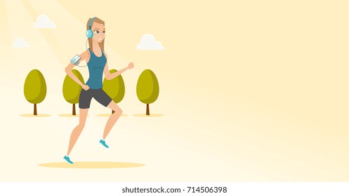 Caucasian woman running with earphones and armband for smartphone. Young woman using smartphone with armband to listen to music while running in park. Vector cartoon illustration. Horizontal layout.