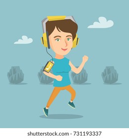 Caucasian woman running with earphones and armband for smartphone. Young woman using a smartphone with armband to listen to music while jogging in the park. Vector cartoon illustration. Square layout.