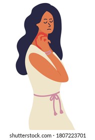 La mujer caucásica está rascando la piel en el cuello o la garganta con las uñas. Eczema, alergias, dermatitis atópica, piel seca. Problemas de piel. Enrojecimiento y picor. Dibujo vectorial dibujado por mano de caricatura