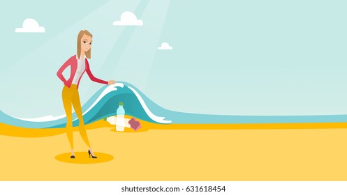 Caucasian woman showing plastic bottles under water of sea. Young woman collecting plastic bottles from water. Water and plastic pollution concept. Vector flat design illustration. Horizontal layout.