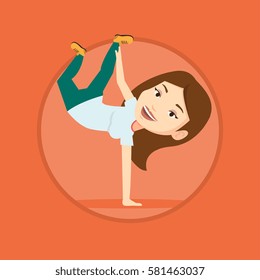 Caucasian Woman Showing Skills In Break Dance. Breakdance Dancer Doing Handstand. Young Woman Dancing. Happy Woman Breakdancing. Vector Flat Design Illustration In The Circle Isolated On Background.