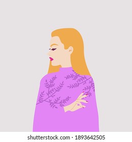 Caucasian woman side profile . International women's day card. Flat vector design.