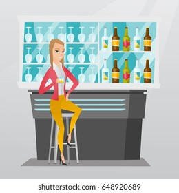 Caucasian woman sitting at the bar counter. Woman sitting with a glass in the bar. Woman sitting alone and celebrating with an alcohol drink in the bar. Vector flat design illustration. Square layout.