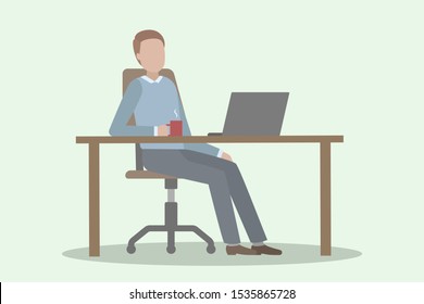 Caucasian woman sitting at desk and drinking coffee. Vector illustration.