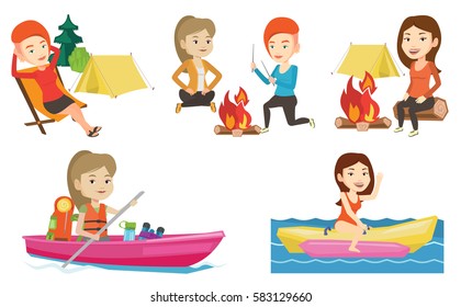 Caucasian woman sitting near campfire at campsite. Travelling woman sitting on a log near campfire. Woman relaxing near campfire. Set of vector flat design illustrations isolated on white background.