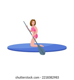 Caucasian woman sitting on board for paddle surfing. Female character on surfboard with paddle, water sport cartoon vector illustration. Summer leisure, recreational ocean outdoor activities concept