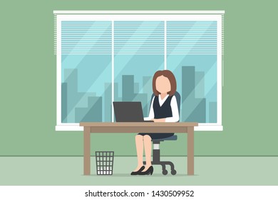 Caucasian woman sitting at table and working. Office work. Vector illustration.